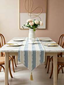 Coastal Light Blue & White Striped Table Runner With Tassel, Boho Farmhouse Textured Woven Dining Table Runner, Decorative Neutral Table Runner For Kitchen Living Room Wedding Party Indoor Outdoor Home Decor - Multicolor - View 13