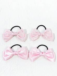 4件/組可愛蝴蝶結髮飾髮圈，適用於雙馬尾馬尾髮圈 - 淺粉紅色四件套 - 查看 5