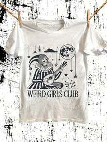 1 pieza Camiseta del Club de Chicas Raras - Payaso vintage tocando el laúd bo la luna, estética grunge celestial, aodón gótico - Top de verano suave y transpirable - Regalo único para ella, amigos, amantes de lo oculto. 210g 100% aodón, todos los patrones están impresos. Uni. - Blanco - Ver 2