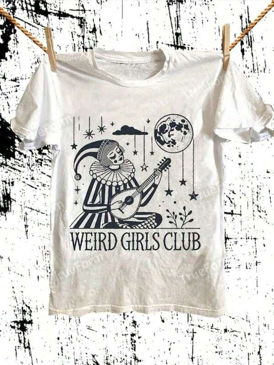 1 pieza Camiseta del Club de Chicas Raras - Payaso vintage tocando el laúd bo la luna, estética grunge celestial, aodón gótico - Top de verano suave y transpirable - Regalo único para ella, amigos, amantes de lo oculto. 210g 100% aodón, todos los patrones están impresos. Uni.