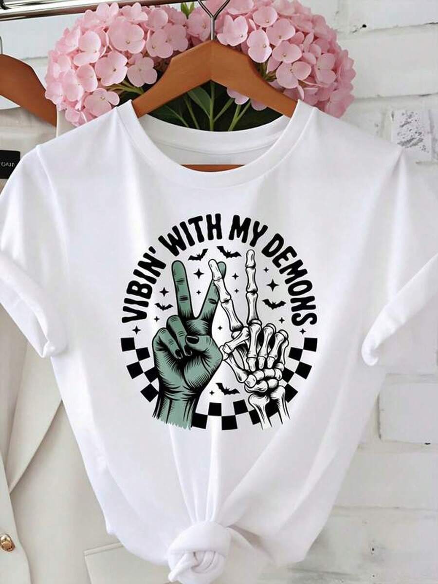 Camiseta de mujer de moda de verano | Dise￱o gr£fico de mano de esqueleto g￳tico "Vibin With My Demons" Camiseta casual de uso diario y festivales de m￺sica, cuello redondo, manga regular, tela con un poco de elasticidad