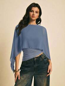 uello chal marrón para mujer, blusas elegantes para mujer, blusas casuales para mujer, apropiada para uso diario, salir, ir y venir en otoño/invierno, blusa de manga de murciélago, blusa marrón café, blusa marrón oscuro - Niebla azul - Ver 6