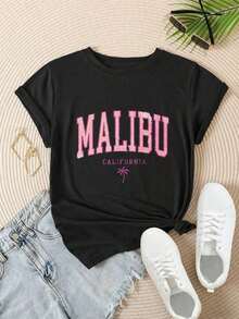 Camiseta Casual de Moda para Mujer con Estampado de Palmeras de Malibu, California, Adecuada para Todas las Temporadas  
 Negro - Negro - Ver 2