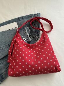 Polka Dot Tote Bag, Large Capacity Canvas Shoulder Bag, Casual Lightweight Women's Shopping Bag, Daily/Travel/Work Use - Red - View 8
