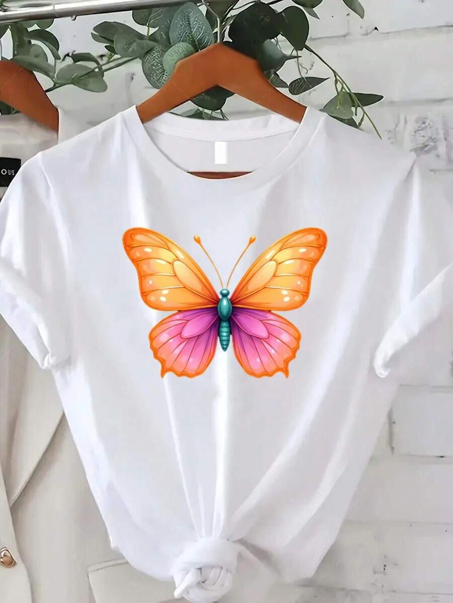 Women's Plus Size Classic T-Shirt With Butterfly Print - Casual Short Sleeve Crew Neck Top, Breathable For Spring And Autumn, Ideal For Spring And Summer Outfits, Perfect Gift For Thanksgiving, Christmas And New Year (Comfortable T-Shirt For Everyday Wear) Best Seller - 白色 - 查看 1