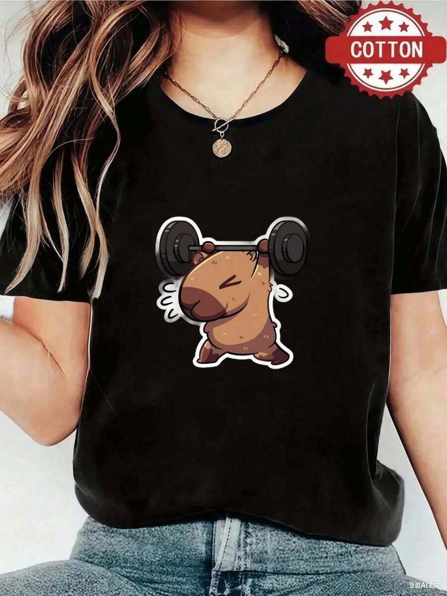 playeras de algodón mujer 1pc blusas de mujer ropa de mujer blusas bonitas para mujeres blusas bonitas para mujer Capibara levantando pesas T shirt 180g blanco y negro algodón patrón de impresión de capibara fitness algodón impresión alta calidad cuello redondo corte básico holgado hombres y mujeres transpirable versátil lavable a máquina cómodo talla S ~ 3XL diario casual deportes imprescindible verano ropa de mujer Daily home top