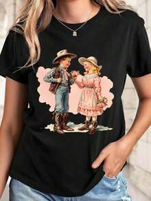 playeras de algodón mujer 1pscCamiseta casual de cuello redondo estilo vaquero para San Valentín Con estampado de una pareja de vaqueros regalando rosas ross, corte regular, tejido ligeramente elástico, adecu para todas las estaciones100%cotton ropa de mujer Daily home top - Negro - Ver 1