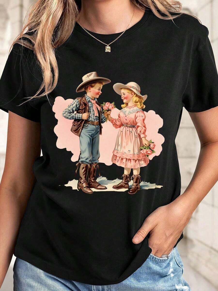 playeras de algodón mujer 1pscCamiseta casual de cuello redondo estilo vaquero para San Valentín Con estampado de una pareja de vaqueros regalando rosas ross, corte regular, tejido ligeramente elástico, adecu para todas las estaciones100%cotton ropa de mujer Daily home top - Negro - Ver 1