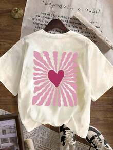 Camiseta de manga corta con cuello redondo y estampado de corazones y rayas.Camiseta de manga corta con cuello redondo, estilo casual y minimalista para mujer, con un diseño lindo, corte holgado, ideal para uso diario y vacaciones.Verano - Albaricoque - Ver 10