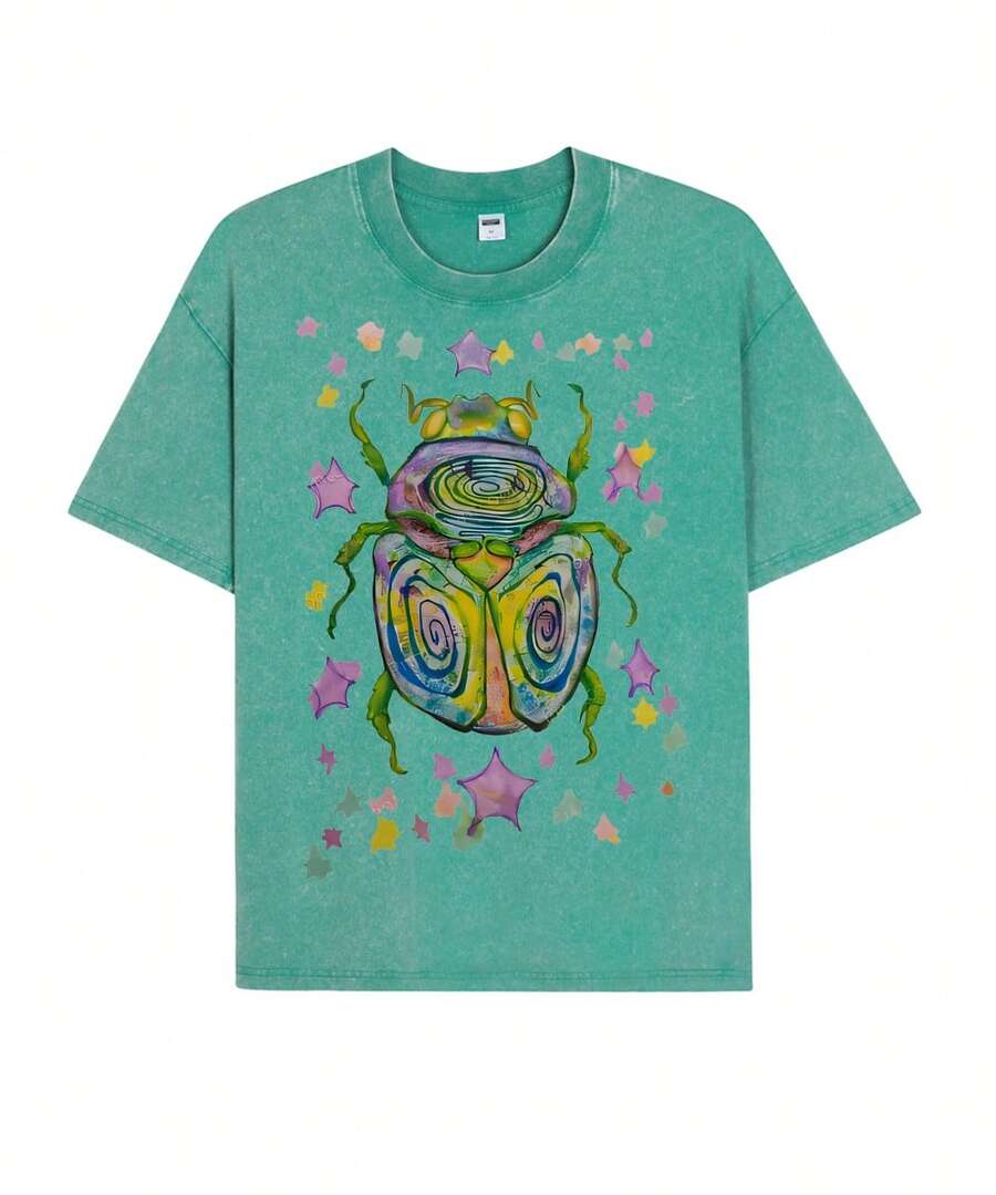 CottonWashable T-Shirt-Colorful Beetle Party Printed T-Shirt,Perfect For Everyday Wear,Gifts For Father'S Day-Summer Tops-New Summer Outfits For Women - 淺綠色 - 查看 1