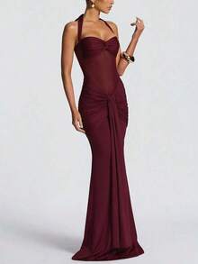 Vestido con tirantes finos, espalda descubierta, cintura ceñida y abertura alta, vestido de fiesta de vacaciones con parches de malla para boda - Rojo violeta - Ver 8