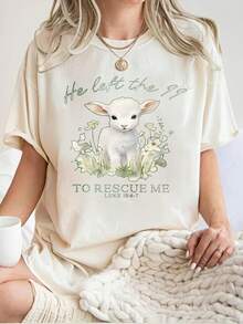 New  Casual Women's T-Shirt With Short Sleeves And A Round Neck, Featuring A Small Sheep And Flower Print In The Center. It Has A Warm, Religious Style And Is Suitable For Everyday Wear. It Makes A Great Gift For Family And Friends For Sports And Leisure Activities. - 杏色 - 查看 1
