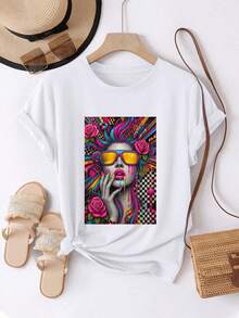 Women's T-Shirt: Comfortable And Casual Short-Sleeved, Crew-Neck T-Shirt With A Vibrant Artistic Print Featuring A Rose And A Girl Wearing Sunglasses. Crew Neck, Regular Length, Suitable For All Seasons. Ideal Everyday Fashion For Women's Spring And Summer Wear. - 白色 - 查看 6