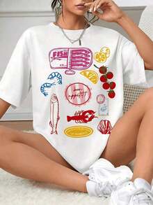 Short Sleeves. 100% Cotton Women's T-Shirt With Colorful Print Of Seafood, Fruits And Original Phrases, Modern Casual Style And Comfortable For Summer. Graphic T-Shirt For Women. Summer Leisure - 白色 - 查看 7