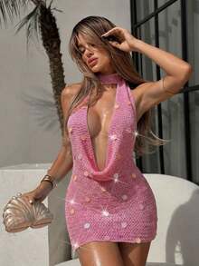 Swim  Vestido mini ajustado con diseño de bufanda de punto y espalda descubierta con lentejuelas, vestido sexy para vacaciones - Rosa - Ver 3