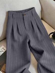 Pantalones anchos de mujer con pliegues y botones a rayas, versátiles para uso diario - Caqui - Ver 8