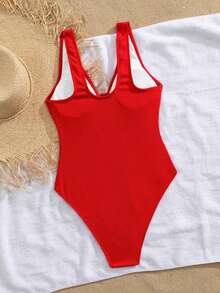 Traje de baño de una sola pieza para mujer, diseño de cortes circulares con cruce de bandas y decoración de estrellas de mar metálica, que proporciona control de abdomen - Rojo - Ver 2