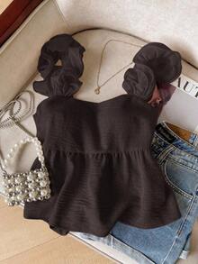 Frenchy Camiseta de tirantes de mujer con volantes de unicolor y parches, con detalle de nudo en la espalda - Marrón 2 - Ver 2