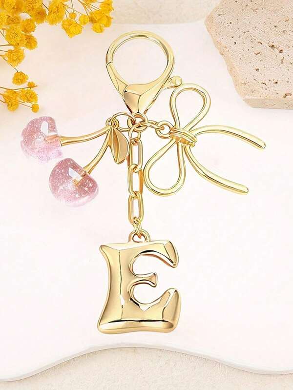 Fashionable High-Quality Cute Cherry Gold Butterfly Bag Charm - Cherry Key Fashion Backpack Pendant, Keychain, Alloy Letter A-Z Pendant, Earphone Charm, Car Decoration, Decorative Pendant, Cherry Keychain, Bag Accessory, With Clip Design, Suitable For Women's Handbags, Wallets, Shiny Resin And Metal Accessories, Backpack Accessory, Mother's Day Gift
