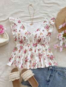 Camiseta de mujer con patrón de flores pequeñas sobre telas texturizadas, cuello en V con nudo delantero, para vacaciones de verano, tiempo libre y vuelta al colegio - Multicolor - Ver 5