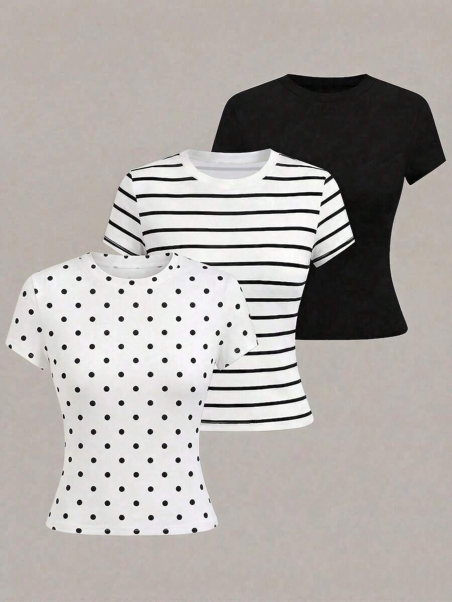 1 pieza Camiseta de manga corta informal de unicolor para mujer - Multicolor 2 - Ver 1