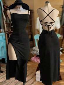Vestido con abertura de unicolor para mujer - Negro - Ver 1