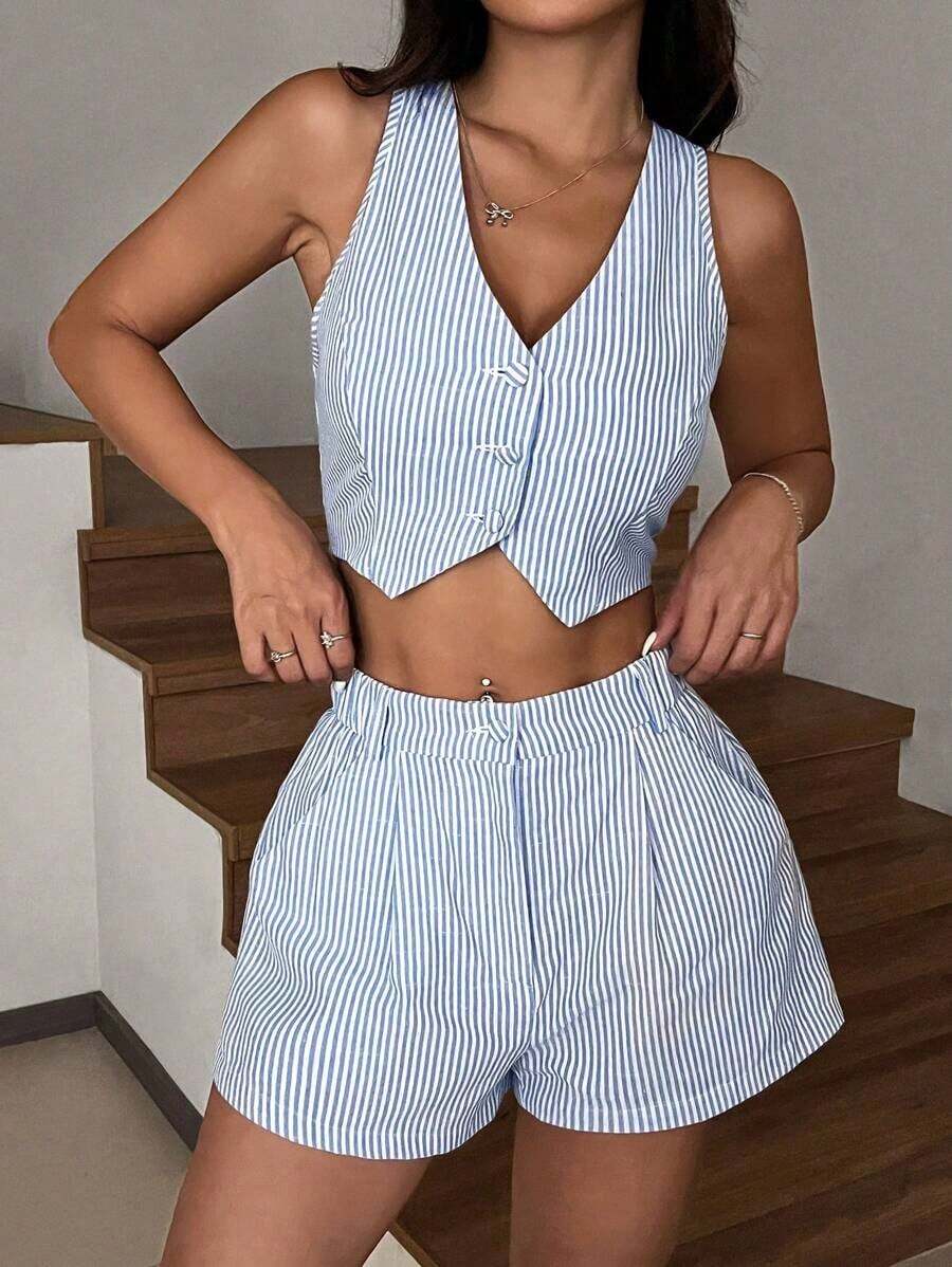 Conjunto de chaleco sin mangas y pantalones cortos a rayas azul y blanco, apto para primavera/verano y otoño/invierno - Azul y blanco - Ver 1