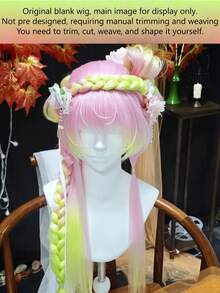 Wig Kepang Ombre Pra-Tata 32 Inci 480g, Wig Sintetis Gradien Merah Muda Kuning Hijau untuk Cosplay Hanfu, Gaya Kuno Cina dengan Poni - Ombre - View 2