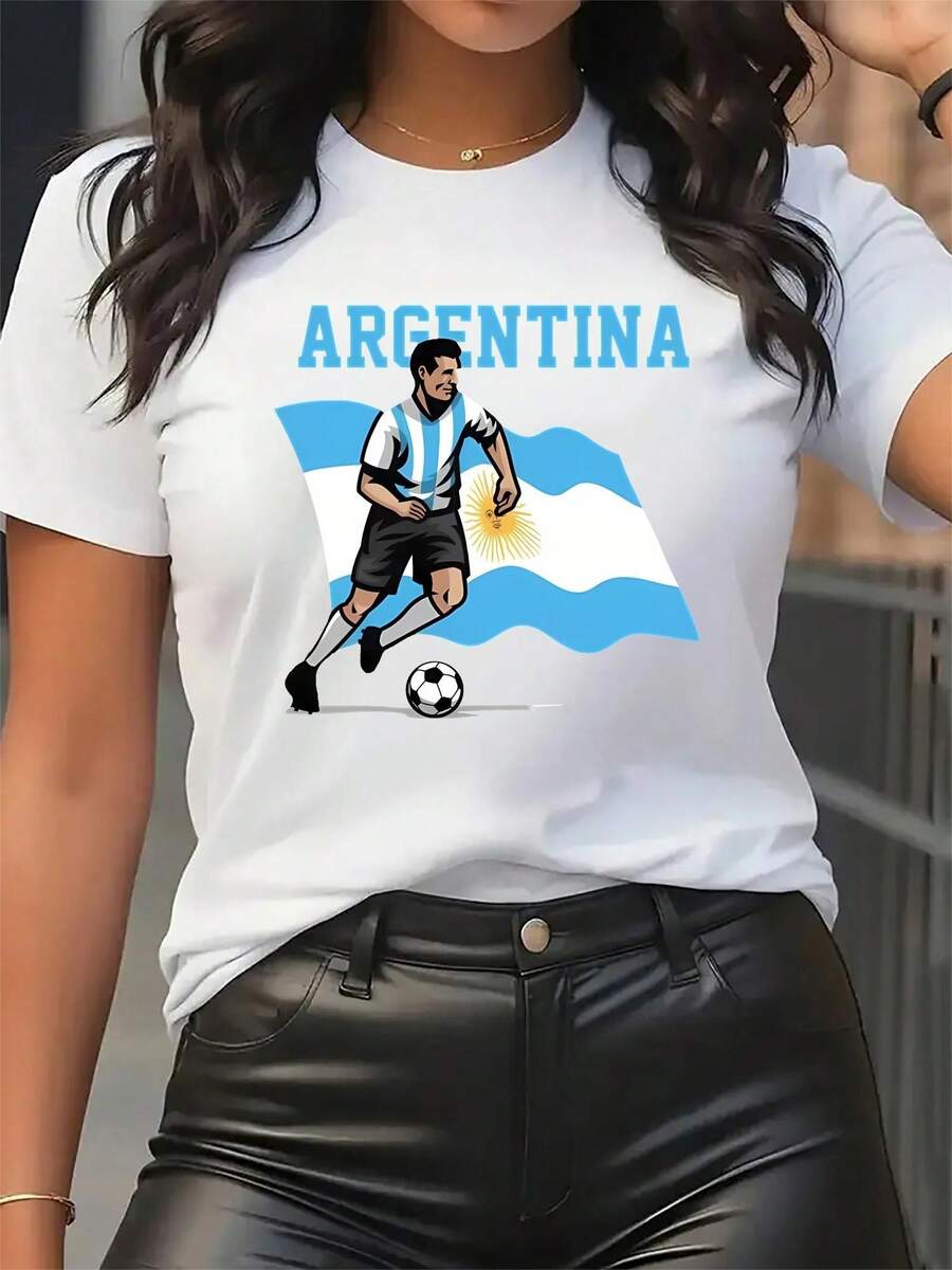 Camiseta de talla grande para mujer 2026 con divertidos estampados, camiseta con la bandera de Argentina y estampado de futbolista - Ropa para fanáticos argentinos, camiseta casual de manga corta y cuello redondo, mezcla lavable a máquina - Adecuada para eventos deportivos y uso diario, apta para uso diario, regalos de San Valentín y Pascua. - Negro - Ver 1