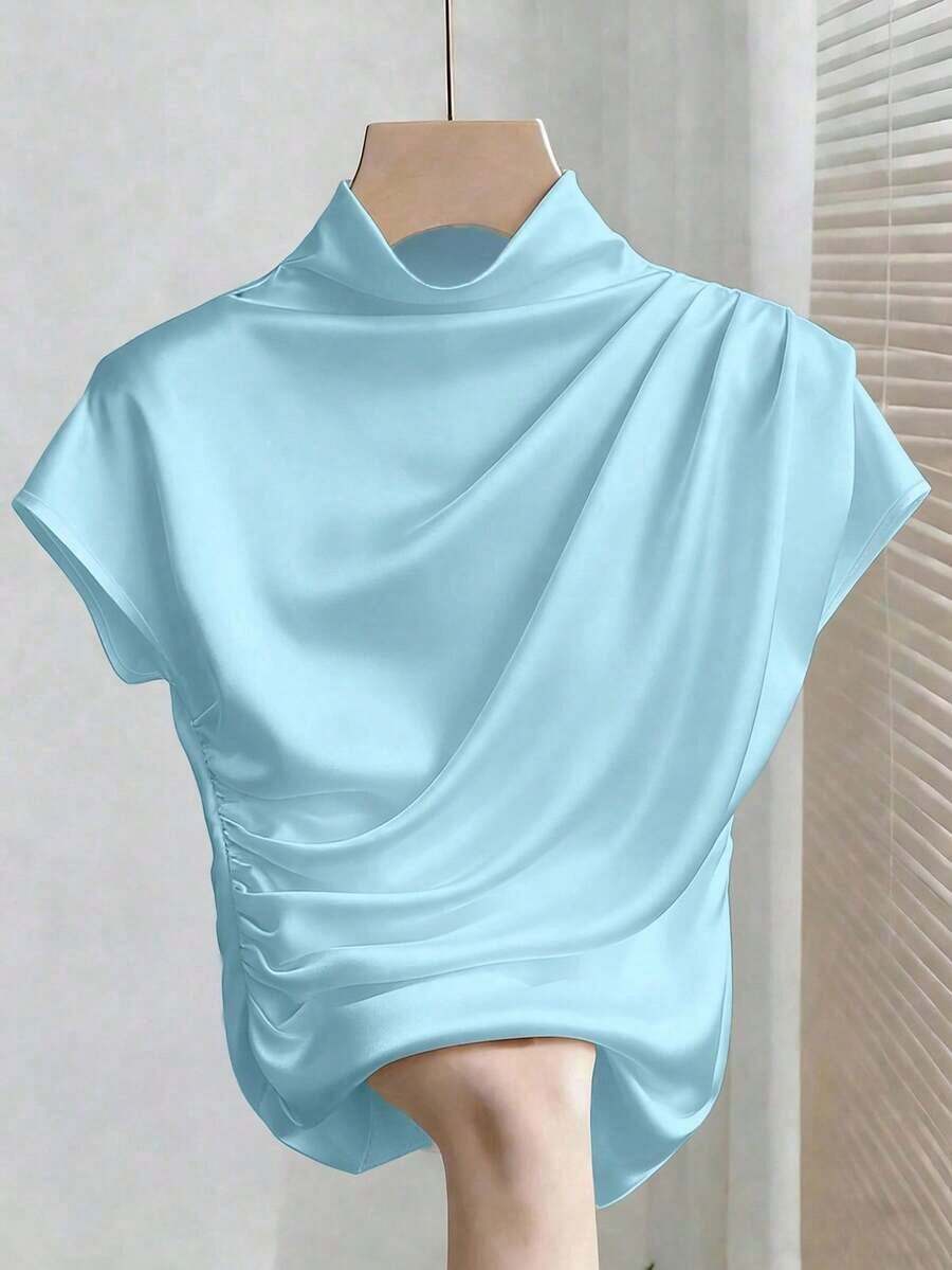 Camiseta blanca de manga corta ajustada con pliegues de unicolor y versátil para mujer - Azul - Ver 1