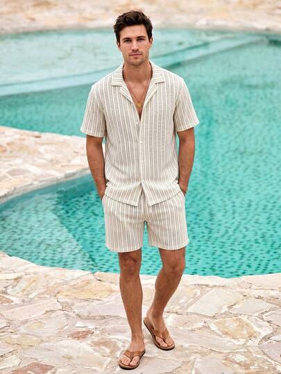 Mercer Haus GloMan 2-Piece Bohemian Style Crochet Knit Shirt And Shorts Set For Men, Multicolor Striped Jacquard Textured Shirt, Suitable For Beach, Music Festival, Hawaii Vacation, Gift For Him, Old Money Resort Wear