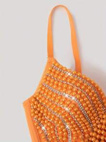 European And American Style Pearl Tassel Fishbone Bustier, Birthday Party Nightclub Dancing Stage Performance Heavy Beaded Rhinestone Vacation Summer - Orange - View 5