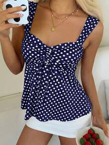 Nueva Colección Primavera/Verano 2026 para Mujer: Blusa/Top sin Mangas con Volantes y Cordón Ajustable, Estampado de Lunares Amarillo Buttercup y Marrón, Estilo Casual y Versátil, Top de Verano - Azul Marino - Ver 4
