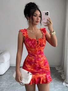 Vestido con estampado floral, volantes y bajo sexy para mujer - Rosa Fucsia - Ver 5