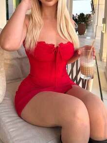 Vestido de mujer de unicolor, sexy, con tirantes de espagueti, parche de encaje, nudo delantero, ajustado con abertura lateral, vestido de verano, versátil, para verano y primavera, vestido casual elegante blanco - Rojo - Ver 4