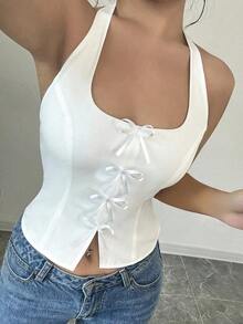 blanca elegante y ajustada con cuello de lazo para volver al colegio - Blanco - Ver 6