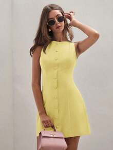 Vestido casual de verano de mujer de mini longitud, de un solo botón, cuello redondo y sin mangas, de unicolor - Amarillo - Ver 8