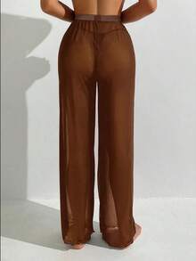 Swim Basics Pantalones de cobertura de malla transparente sólida para el verano - Café integral - Ver 2