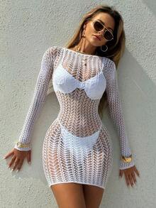 Vestido de playa para mujer tipo body con manga larga calado y malla, color negro - Blanco - Ver 6