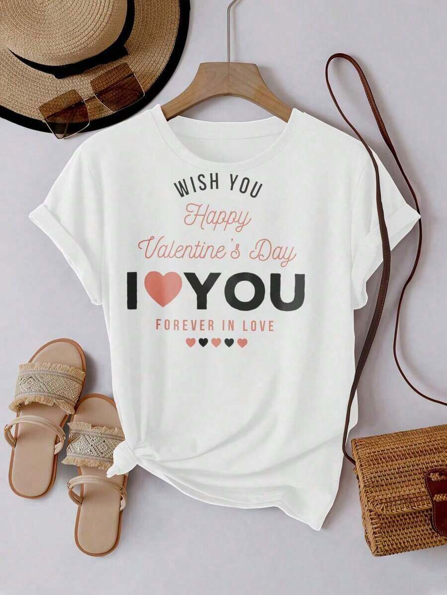 Camiseta Casual de Manga Corta con Cuello Redondo para Mujer, Estampados Creativos para el Día de San Valentín, Diseño Simple, Adecuada para Todas las Temporadas, Cómoda y Versátil, Estilo de Pareja, Camiseta Gráfica. - Blanco 4 - Ver 1