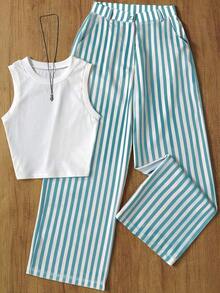 Conjunto de chaleco y pantalones a rayas casuales con cintura para mujer, adecuado para la oficina y el jardín, primavera/verano blanco elegante - verde menta - Ver 6