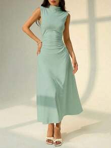 Vestido maxi de línea A con cuello mao, sin mangas, fruncido, color blanco, nuevo para el Día de San Valentín.Elegante y romántico atuendo para citas y trabajo, vestidos de verano para mujer - verde menta - Ver 4