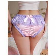 's Ruffle Lace Trim Underwear Satin Cute Bow Mid Rise Comfy Bikini Panty - 紫色 - 查看 4