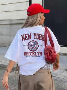 Camiseta Casual de Mujer de Tejido de Punto con Cuello Redondo, Manga Corta, Hombros Caídos y Estampado de Nueva York ZJNB - Blanco - Ver 2