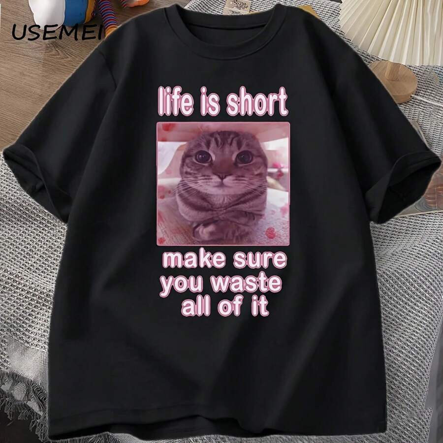 Funny Cat Meme Graphic T-Shirts, Dank Cat Memes T-Shirt, Funny Silly Cat T-Shirt, Casual Shorts For Men And Women, Printed Sleeve T-Shirts - 款式 - 查看 1
