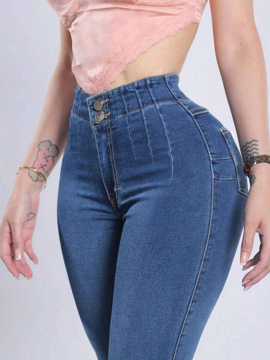 Jeans de talle alto, pantalones lápiz de ajuste ceñido para realzar la figura, adecuados para primavera y verano, vacaciones, festivales, vaquera, pantalones, salir, pantalones vaqueros de mujer, vaquera, jeans de mujer, casual con curvas - azul claro - Ver 1