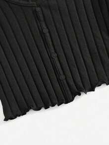 Top tejido de canalé con botón delantero de borde en forma de lechuga - Negro - Ver 5