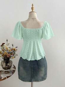 Blusa casual versátil de estilo francés para mujer, de punto puro blanco, con cuello en V, cordón y manga corta ajustada - Verde - Ver 2