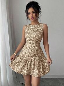 Vestido mini bohemio elegante francés con estampado floral sin mangas y cinturón para mujer, atuendo de graduación para primavera/verano - Marrón - Ver 5