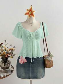 Blusa casual versátil de estilo francés para mujer, de punto puro blanco, con cuello en V, cordón y manga corta ajustada - Verde - Ver 6